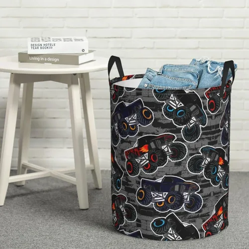 Vista 8 de Monster Truck - Cesta redonda para ropa sucia, para niños, cesta de almacenamiento para juguetes, organizador de ropa, para el hogar, baño
