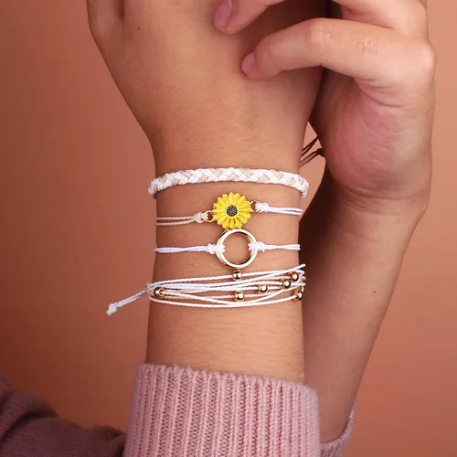 Vista 3 de Pulsera de cuerda trenzada hecha a mano con diseño de girasol para adolescentes y mujeres