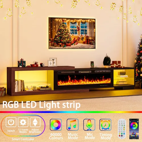 Vista 2 de Soporte de TV extensible con chimenea eléctrica de 71 a 116 pulgadas, moderno centro de entretenimiento con luces LED y toma de corriente para TV