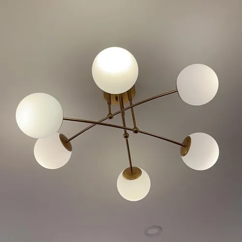 Vista 8 de CLAXY - Lámpara de techo dorada de mediados de siglo, semiempotrada, lámpara de globo de ópalo Dimmable 6-Light Sputnik Ceiling Chandelier E26