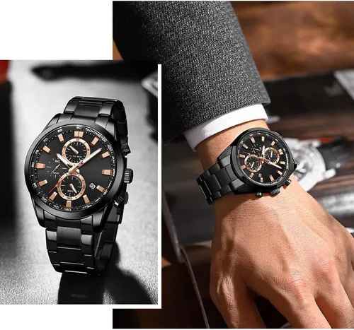 Vista 5 de Reloj de pulsera analógico de cuarzo para hombre, cronógrafo, impermeable, correa de cuero, correa de cuero, reloj de pulsera