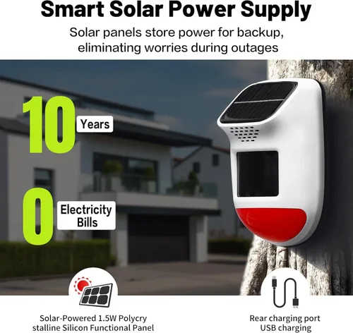 Vista 2 de Alarma Solar con Sensor de Movimiento - Sirena de Seguridad Impermeable IP65 de 120dB con Control Remoto y Luz Estroboscópica, 3 Modos