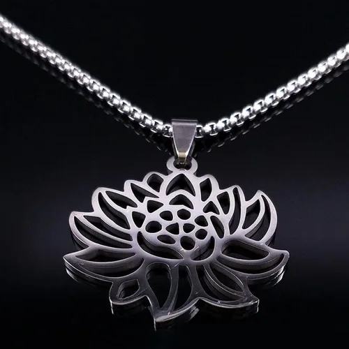 Vista 3 de 2024 Yoga Lotus Stainless Steel Statement Necklace Women Silver Color Necklaces Pendants Jewelry Bisuteria