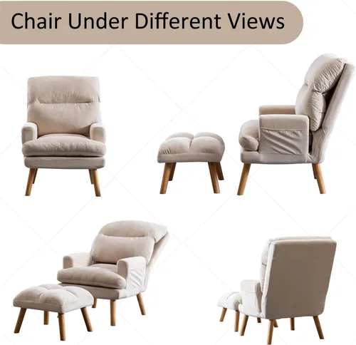 Vista 7 de INZOY Sillas Accent con Otomano, Sillón de Terciopelo Moderno con Respaldo Ajustable, Cómoda Silla de Salón para Sala de Estar Dormitorio, Crema