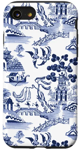Vista 17 de iPhone 14 Pro Preppy Azul y Blanco Willow Patrón Chinoiserie Toile Case