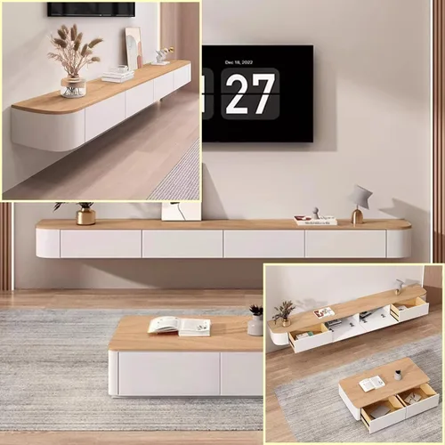 Vista 9 de Consola flotante de TV para montaje en pared, gran unidad negra con cajones de almacenamiento y soporte de enrutador, 94.5 x 7.9 x 9.4 in