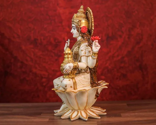 Vista 5 de SHIVAJIARTS Gran estatua Lakshmi, 12.2 in pintado a mano polvo mármol diosa lakshmi ídolo en loto. diosa hindú del dinero, riqueza, abundancia