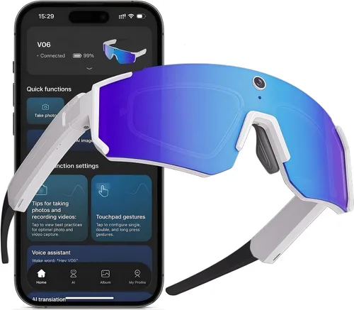 Vista 10 de Gafas de sol inteligentes Sport AI con cámara POV 4K (negro/azul hielo) Audio y video, traducción en tiempo real, asistente de voz AI