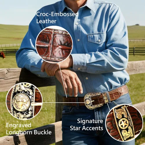 Vista 5 de Western Cowboy - Cinturón de cuero genuino con hebilla grabada, estilo country rodeo para hombre 8052 2cocodrilo Cf
