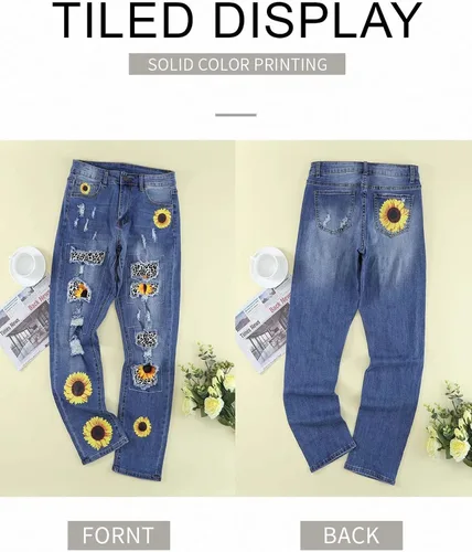 Vista 4 de Astylish - Jeans ajustados de mezclilla para mujer, desgastados, elásticos, con parches a cuadros, rasgados, con agujeros, estilo masculino