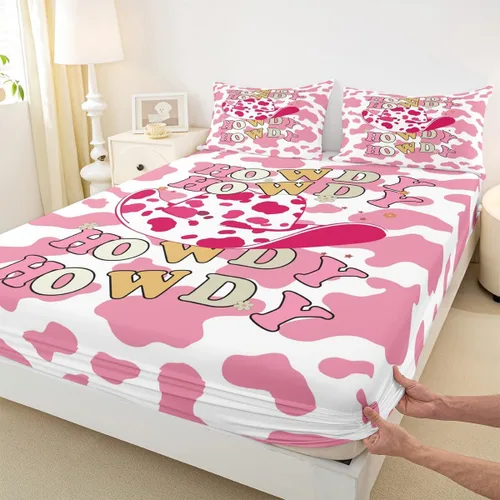 Vista 4 de Western Cowgirls - Juego de sábanas para niños, tamaño individual, con estampado de piel de vaca rosa, decoración de habitación de niños y adultos