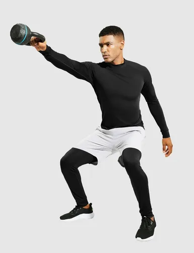 Vista 6 de MIER Camiseta de manga larga con cuello alto falso para hombre, ligera, de compresión, para correr, atletismo, entrenamiento, camiseta de rendimiento