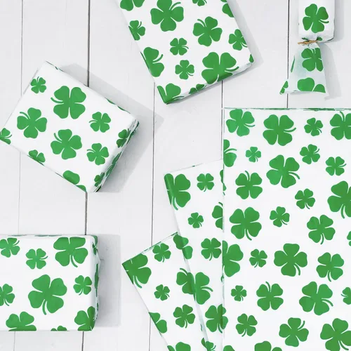 Vista 3 de Whaline 100 hojas de papel de seda para el día de San Patricio, acuarela, trébol, papel de regalo de trébol verde, papel de regalo para el hogar