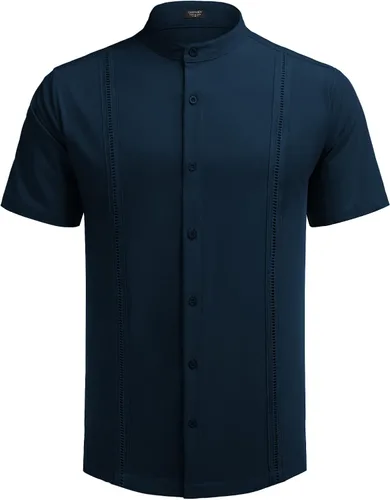 Vista 4 de COOFANDY Mens Short Sleeve Cuban Guayabera Shirt Casual Band Collar Button Down Shirts