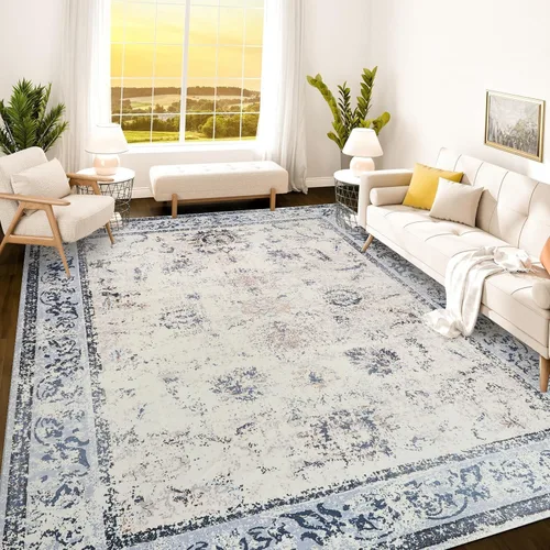 Vista 214 de Istana Alfombra larga antideslizante de 2.5 x 8 para el hogar, para pasillo y cocina, lavable, sedosa y suave al tacto, elegante, color azul y marfil
