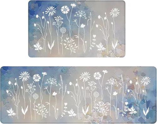 Vista 14 de Rempry - Juego de 2 alfombrillas de cocina con flores coloridas para el piso, alfombras de cocina antideslizantes y juego de tapetes, alfombrilla