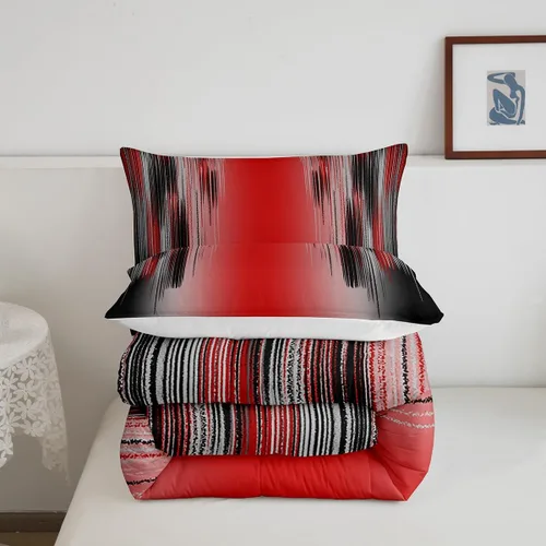 Vista 5 de jejeloiu Juego de edredón rojo y negro para niños y niñas, edredón rojo degradado, tamaño individual, geometría desordenada, óxido, juego de ropa