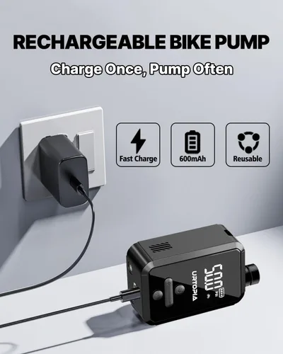 Vista 7 de Bomba eléctrica para bicicleta, bomba de aire de inflado rápido con medidor, hasta 150 PSI, disipación de calor eficiente, recargable, con luz LED