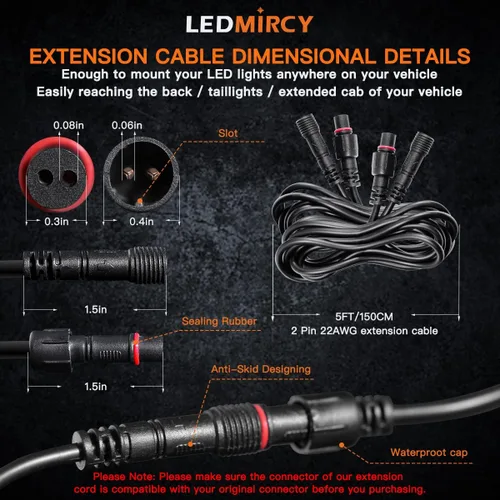 Vista 2 de LEDMIRCY Cable de Extensión para Luces LED de Roca Cable de Alambre de 2 Pines Impermeable 2PCS 5ft 22AWG con Conectores Macho a Hembra Tuerca
