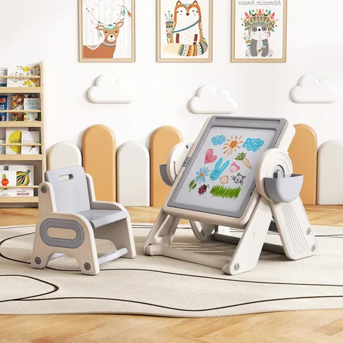 Vista 27 de Costzon Juego de mesa y silla 6 en 1 para niños, caballete de arte plegable con marcadores, borrador, 102 ladrillos compatibles, mesa de bloques