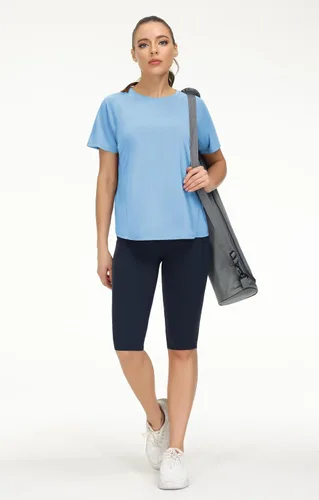 Vista 6 de THE GYM PEOPLE Camisetas de entrenamiento de manga corta para mujer, camisetas de yoga transpirables con aberturas laterales