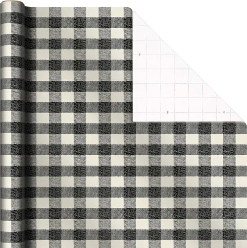 Vista 4 de Hallmark - Papel de regalo de Navidad negro con líneas de corte en el reverso (3 rollos: 11.2 m2) Papá Noel retro, cuadros de búfalo blanco y negro