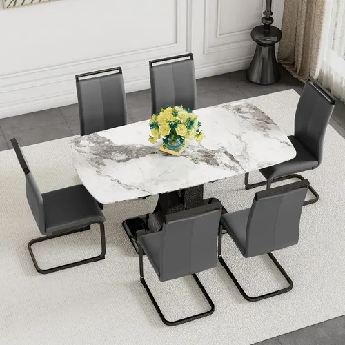 Vista 25 de Moderno juego de mesa de comedor para 4, mesa de vidrio de 63 pulgadas y base de MDF, mesa de comedor de mármol sintético negro con 4 sillas Mesa