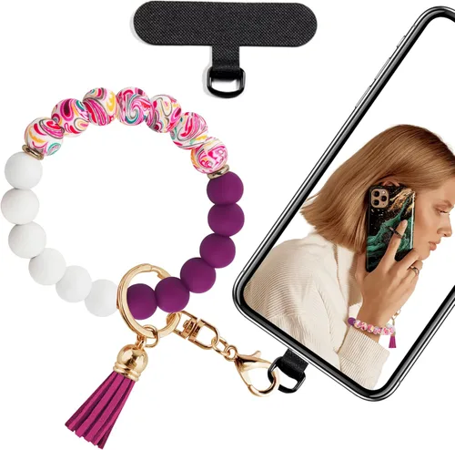 Vista 15 de Correa de silicona con cuentas para mujer, silicona sin BPA Elastic wristlet with tether tab, 12mm BPA-Free silicone beads with printed accents