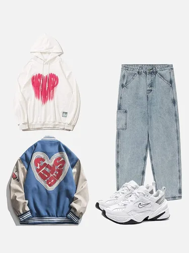 Vista 4 de Aelfric Eden Chaqueta universitaria con estampado de amor y letras para hombre, chaqueta de béisbol con gráficos vintage, unisex, ropa de calle