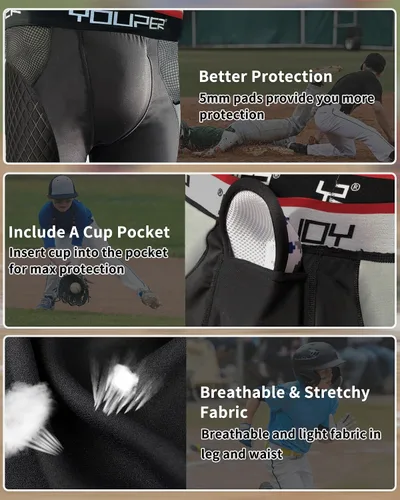 Vista 3 de Youper Youth Elite Pantalones Cortos Deslizantes Acolchados de Compresión con Bolsillo para Copa para Béisbol, Fútbol Americano