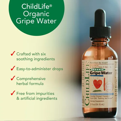 Vista 6 de CHILDLIFE ESSENTIALS Agua orgánica de Gripe para bebés y recién nacidos, alivia las molestias estomacales ocasionales asociadas con cólicos