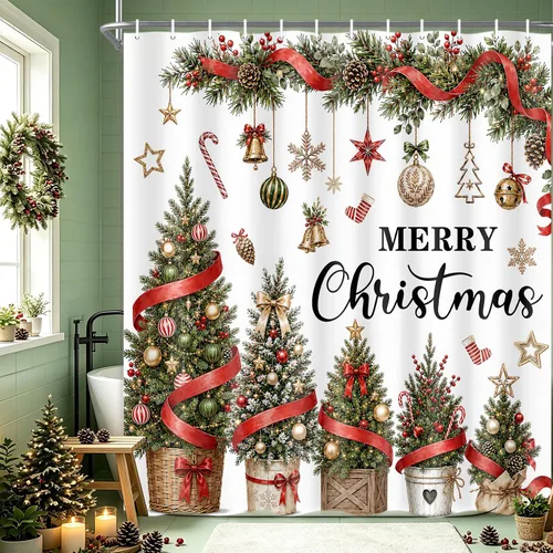 Vista 3 de Merry Christmas Tree Ornaments Waterproof Shower Curtain Set with Hooks Navidad