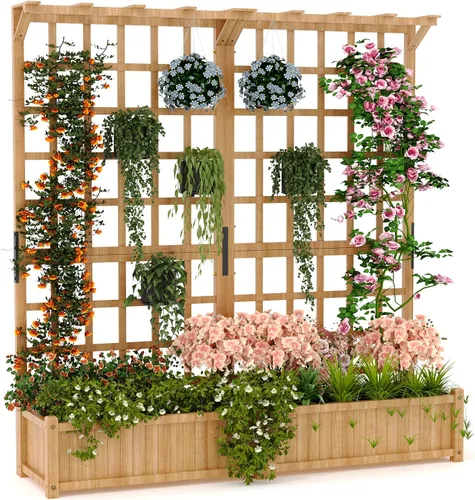 Vista 8 de GarveeLife Paquete de 2 macetas altas de madera con enrejado, cama de jardín elevada de 61.5 pulgadas de alto sobre ruedas, maceta vertical