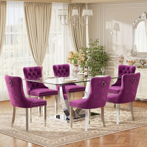 Vista 29 de Juego de mesa de comedor de cristal moderno de mediados de siglo para 4, 63 pulgadas, juego de comedor rectangular grande de lujo con parte superior