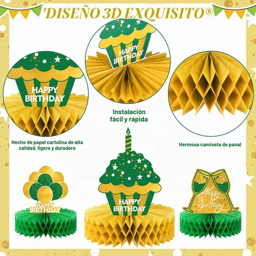 Vista 3 de Sabary - 12 centros de mesa de cumpleaños verdes y dorados para decoración Decoración de escritorio de feliz cumpleaños, centros de mesa de panal