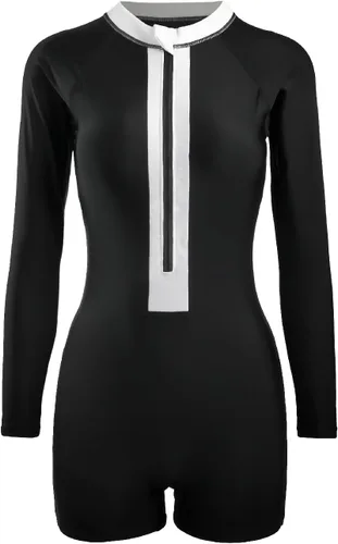 Vista 2 de NESY Traje de baño de una pieza de manga larga para mujer, traje de baño de protección contra erupciones, pantalones cortos UPF 50+, traje de baño