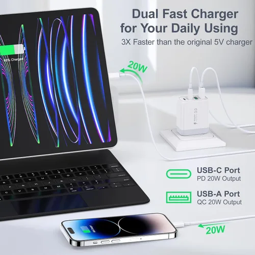 Vista 4 de Cargador de pared USB C, bloque de cargador USB C de 40 W, 4 puertos, bloque de carga rápida, adaptador de alimentación PD+QC tipo C para iPhone