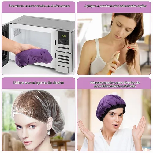 Vista 4 de Gorro térmico para microondas de acondicionamiento profundo para peinar y tratar el cabello al vapor, terapia de cuidado del cabello (morado)