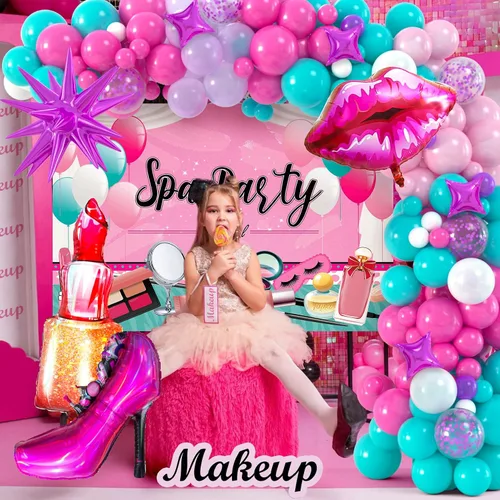 Vista 3 de 127 piezas de suministros de fiesta de spa para niñas, decoración de cumpleaños con guirnalda de globos, globos de papel de aluminio, telón