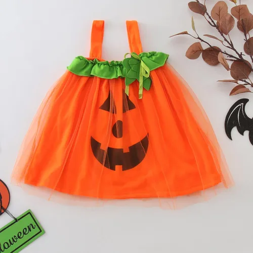 Vista 2 de Disfraz de princesa de tul para niñas pequeñas sin mangas con estampado de calabazas de Halloween de malla y tul