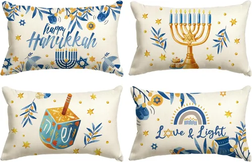 Vista 8 de AVOIN colorlife - Juego de 4 fundas de cojín con diseño de Menorah y Dreidel de Hanukkah, de 16 x 16 pulgadas, fundas de cojín festivas de amor