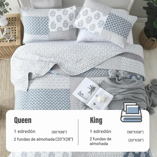 Vista 5 de Y-PLWOMEN - Juego de cama Queen con edredón/cubrecama de algodón 100% ligera, reversible, floral, rústico, para todas las estaciones Azul/Blanco/Gris