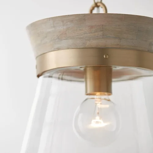 Vista 4 de Capital Lighting 347311WS Finn - Lámpara colgante de techo moderna bohemia artesanal de madera de mango con cono de vidrio transparente, 1 luz
