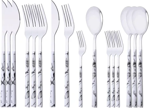 Vista 9 de Juego de cubiertos para 4 cubiertos de acero inoxidable de 16 piezas, juego de utensilios de cocina con mango de efecto de madera, incluye cuchara