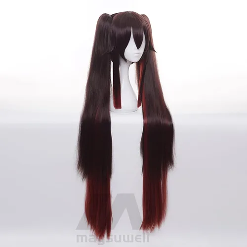 Vista 3 de Genshin Impact Hutao Peluca de pelo largo castaño degradado con gorra de peluca gratis para Comic Con, espectáculo de cosplay, Halloween