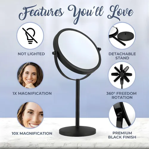 Vista 3 de MIRRORVANA Espejo de maquillaje con aumento 10X en soporte redondo para mesa, escritorio de tocador de dormitorio y encimera de baño, espejo de Negro