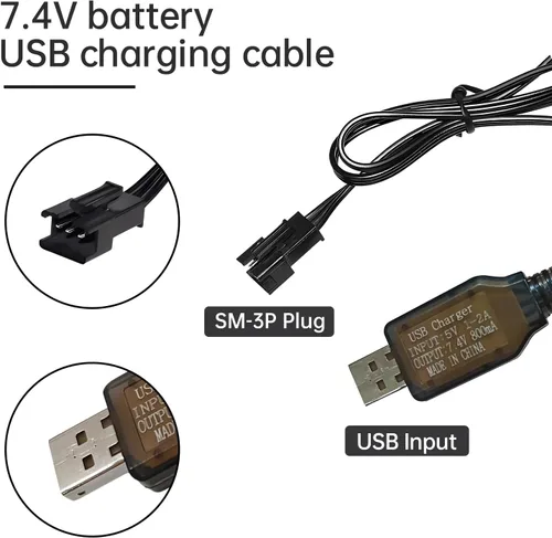 Vista 2 de 2 cables de carga USB de 7.4 V 800 mA con conector de enchufe SM-3P para excavadora RC, camión, tanque, vehículo de ingeniería Huina 1575 RC, auto