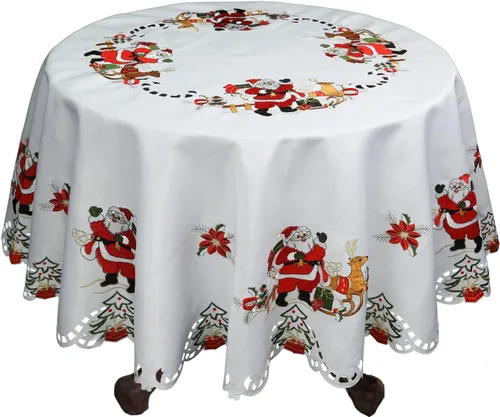 Vista 4 de Creative Linens Juego de 4 manteles individuales bordados de Navidad con Papá Noel, reno, flor de pascua, 11 x 17 pulgadas, color blanco
