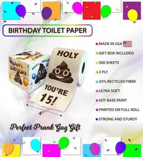 Vista 3 de Papel higiénico impreso TP Holy Poop You're 15 - Papel higiénico impreso con texto en inglés «Happy 15th Birthday» para la mejor broma, sorpresa