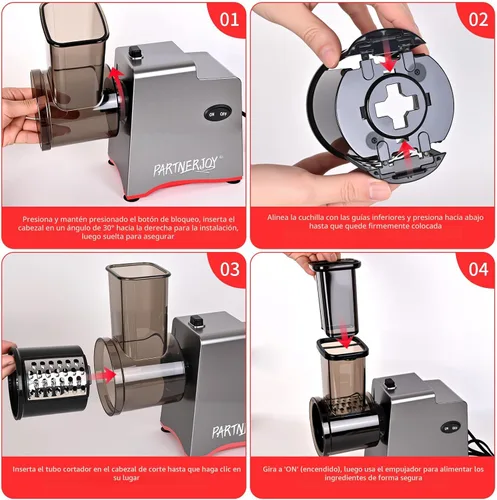 Vista 6 de Rallador Eléctrico de Queso, Rallador de Queso Eléctrico 7 en 1 para Queso en Bloque, Rebanadora Eléctrica de 250W, Rallador Eléctrico Automático